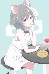 Rule 34 | 1girl, alternate costume, animal ears, bad id, bad pixiv id, blue background, bow, bowtie, cheese, dress, eating, eire (sai fuji), food, grey hair, highres, looking at viewer, mouse ears, nazrin, red eyes, short hair, sitting, sleeveless, solo, touhou, white dress