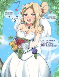 Rule 34 | 1girl, blonde hair, blue sky, blush, bouquet, breasts, bridal veil, bride, cleavage, collarbone, crying, dress, elbow gloves, flower, flying sweatdrops, gloves, hair bun, hair flower, hair ornament, heart, highres, holding, holding bouquet, jewelry, karbuitt, kid icarus, leaf, long hair, medium breasts, necklace, nintendo, open mouth, pearl necklace, pov, purple flower, purple rose, rose, simple background, sky, solo, sparkle, strapless, strapless dress, tearing up, veil, viridi, wedding, wedding dress, white dress, yellow eyes