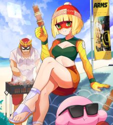 Rule 34 | 1boy, 1girl, :t, arms (game), beanie, black-framed eyewear, blonde hair, blunt bangs, breasts, captain falcon, cleavage, closed mouth, cloud, commentary request, cooking, day, domino mask, eating, unworn eyewear, f-zero, flag, food, green eyes, grill, grilling, hat, helmet, highres, holding, katwo, kebab, kirby, kirby (series), legs, looking at viewer, mask, min min (arms), nintendo, outdoors, red headwear, red shorts, sandals, shirt, short hair, short sleeves, shorts, skewer, sky, sunglasses, sunglasses removed, super smash bros., towel, towel around neck, upshorts, white shirt