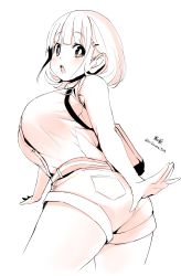 Rule 34 | 10s, 1girl, :o, absurdres, arms at sides, ass, backpack, bag, bare shoulders, blush, breasts, bright pupils, hair ornament, hairpin, heart hair ornament, highres, kirikirimai (kkm), large breasts, looking at viewer, looking back, monochrome, narusawa ryouka, occultic;nine, open mouth, short hair, shorts, sleeveless, solo