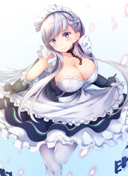 Rule 34 | 1girl, apron, azur lane, belfast (azur lane), bit (keikou syrup), blue eyes, blush, braid, breasts, cleavage, clothes lift, collarbone, dress, dress lift, gauntlets, highres, large breasts, long hair, looking at viewer, maid, maid apron, maid headdress, silver hair, simple background, smile, solo, thighhighs, white thighhighs