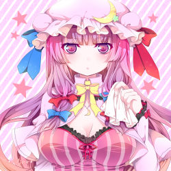 Rule 34 | 1girl, artist name, bad id, bad pixiv id, bow, breasts, capelet, cleavage, crescent, female focus, hair bow, handkerchief, hat, highres, jewelry, large breasts, long hair, looking at viewer, necklace, patchouli knowledge, purple eyes, shino (mijinko), sidelocks, solo, star (symbol), striped, striped background, touhou, upper body