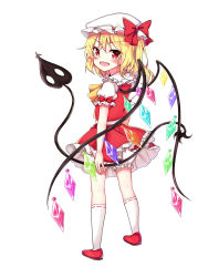 Rule 34 | 1girl, absurdres, ascot, blonde hair, bloomers, bow, crystal, fang, flandre scarlet, from behind, full body, hanen (borry), hat, hat bow, hat ribbon, highres, holding, laevatein (tail), looking at viewer, medium hair, mob cap, open mouth, red bow, red eyes, red footwear, red ribbon, red skirt, red vest, ribbon, ribbon-trimmed legwear, ribbon trim, shirt, short sleeves, side ponytail, simple background, skirt, smile, solo, standing, tail, touhou, underwear, v-shaped eyebrows, vest, white background, white hat, white legwear, white shirt, wings, yellow ascot
