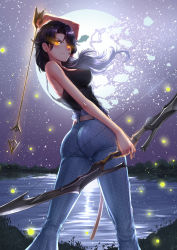 Rule 34 | 1girl, adsouto, arrow (projectile), artist name, ass, belt, black hair, bow (weapon), breasts, broken moon, casual, cinder fall, curvy, fireflies, from behind, glowing, glowing eyes, hair over one eye, highres, hip focus, holding, holding bow (weapon), holding weapon, lake, legs, legs apart, long hair, looking at viewer, looking back, medium breasts, moon, night, outdoors, rwby, sky, smile, solo, standing, star (sky), starry sky, tank top, thighs, water, weapon, wide hips, wind, yellow eyes