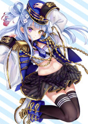 Rule 34 | 1girl, arm up, black collar, black skirt, black thighhighs, blue hat, blue neckerchief, blush, boots, breasts, brown eyes, collar, comiket, commentary request, crop top, detached collar, diagonal-striped clothes, diagonal-striped skirt, epaulettes, fingernails, gradient hair, hair between eyes, hand on headwear, hand up, hat, heterochromia, high heel boots, high heels, highres, jacket, long hair, long sleeves, medium breasts, midriff, military hat, military jacket, multicolored hair, nail polish, navel, neckerchief, open clothes, open jacket, original, parted lips, peaked cap, pinching sleeves, pisuke, pleated skirt, purple eyes, red hair, red nails, revision, silver hair, skirt, sleeves past wrists, solo, striped background, striped clothes, striped skirt, thighhighs, very long hair, white footwear, white jacket, wide sleeves