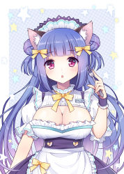 Rule 34 | 1girl, :o, animal ears, apron, blue hair, blush, bow, breasts, cat ears, cleavage, cleavage cutout, clothing cutout, double bun, fork, hair bow, heart, highres, large breasts, long hair, looking at viewer, maid, maid apron, mauve, name tag, original, red eyes, short sleeves, solo, waist apron, wrist cuffs