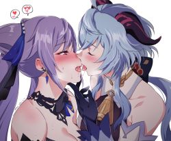 Rule 34 | 2girls, bare shoulders, bell, blue hair, blush, breasts, cleavage, cone hair bun, cowbell, detached collar, detached sleeves, double bun, dress, closed eyes, french kiss, ganyu (genshin impact), genshin impact, gloves, goat horns, hair bun, hair ears, horns, keqing (genshin impact), keqing (opulent splendor) (genshin impact), kiss, multicolored clothes, multicolored dress, multiple girls, negom, official alternate hairstyle, open mouth, purple eyes, purple hair, sweat, tongue, twintails, two-tone dress, yuri