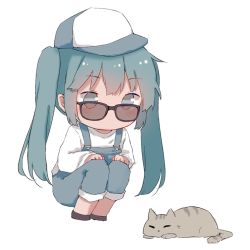 Rule 34 | 1girl, aqua eyes, aqua hair, cat, chibi, hatsune miku, long hair, long sleeves, looking at another, mimengfeixue, overalls, shirt, simple background, sleeping, solo, squatting, sunglasses, twintails, vocaloid, white background, white shirt