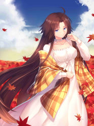 Rule 34 | 1girl, absurdres, ahoge, breasts, brown hair, commentary request, dress, gogatsu fukuin, highres, kara no kyoukai, large breasts, long hair, long sleeves, looking at viewer, plaid, plaid scarf, purple eyes, ryougi shiki, scarf, smile, solo, very long hair, white dress