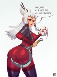 Rule 34 | 1girl, absurdres, alternate universe, ass, bad id, bad twitter id, blunt bangs, bodysuit, breasts, brown eyes, english text, hair bun, half updo, highres, huge ass, large breasts, lipstick, makeup, mask, unworn mask, nintendo, paya (zelda), pointy ears, red bodysuit, riz, sickle, simple background, single hair bun, skin tight, solo, speech bubble, tattoo, the legend of zelda, the legend of zelda: breath of the wild, thick thighs, thighhighs, thighs, weapon, white hair, yiga clan, yiga clan footsoldier