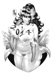 Rule 34 | 10s, 1girl, 2014, akeome, bamboo, belly, between breasts, black hair, body heat, body writing, breast hold, breast lift, breasts, curvy, fang, female pubic hair, flower, greyscale, happy new year, highres, horns, huge breasts, japanese clothes, kimono, long hair, looking at viewer, monochrome, new year, nipples, no bra, nude, off shoulder, open clothes, open kimono, original, orushibu, paintbrush, panties, panty pull, plump, pointy ears, presenting, pubic hair, simple background, smile, solo, speech bubble, thick thighs, thighs, translated, underwear, white background, wide hips