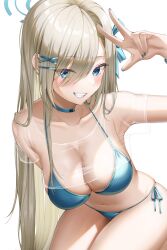 1girl absurdres alternate_costume arm_behind_back asuna_(blue_archive) bikini blonde_hair blue_archive blue_bikini blue_choker blue_eyes blue_halo blue_nails blush breasts choker cleavage collarbone crop_top grin hair_ornament hair_over_one_eye hairclip halo highres large_breasts leaning_forward light_brown_hair long_hair looking_at_viewer mole mole_on_breast navel see-through_clothes see-through_shirt side-tie_bikini_bottom simple_background skindentation smile solo swept_bangs swimsuit very_long_hair w white_background wol_(wol_927)