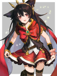 Rule 34 | 1girl, animal ears, bangle, black hair, border, bow, bracelet, bracer, cagliostro (granblue fantasy), cagliostro (granblue fantasy) (cosplay), cape, commentary request, cosplay, dress, earrings, erune, granblue fantasy, grey background, hairband, highres, jewelry, lace, lace-trimmed dress, lace trim, long hair, looking at viewer, nier (granblue fantasy), open mouth, outside border, raised eyebrows, red bow, red dress, red eyes, skirt hold, sleeveless, sleeveless dress, solo, thighhighs, white border, yuntae