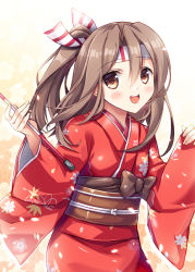 Rule 34 | 10s, 1girl, arrow (projectile), brown eyes, brown hair, fukase ayaka, japanese clothes, kantai collection, kimono, looking at viewer, new year, open mouth, smile, solo, zuihou (kancolle)
