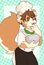 Rule 34 | 1boy, bowl, brown fur, chef hat, chocolate, claws, furry, furry male, green eyes, hat, highres, holding, holding bowl, licking, licking finger, looking at viewer, male focus, pasutasuchi, shima (tamacolle), solo, squirrel boy, squirrel tail, tail, tamacolle, tongue, tongue out, utensil, white fur