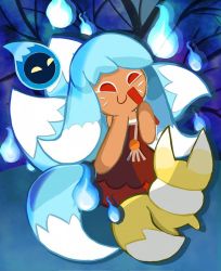 Rule 34 | 1girl, artist request, blue hair, cookie run, dress, humanization, kumiho cookie, multicolored hair, personification, red eyes, sleeveless, sleeveless dress, solo, source request