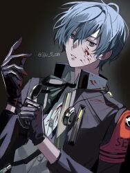 Rule 34 | 1boy, armband, black gloves, black jacket, black ribbon, blood, blood on clothes, blood on face, blue hair, collared shirt, digital media player, earphones, gloves, gradient background, hair between eyes, highres, jacket, joowon (jju oon), looking at viewer, male focus, neck ribbon, open clothes, open jacket, parted lips, persona, persona 3, persona 3 reload, red armband, ribbon, s.e.e.s, shirt, short hair, solo, twitter username, upper body, white shirt, yuuki makoto (persona 3)