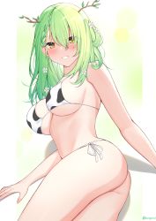 Rule 34 | 1girl, absurdres, animal print, antlers, ass, bikini, blush, branch, breasts, ceres fauna, cow print, cow print bikini, flower, green hair, grin, hair flower, hair ornament, halterneck, highres, hololive, hololive english, horns, kurigura (sketch san), large breasts, looking at viewer, looking back, lying, on side, print bikini, side-tie bikini bottom, smile, solo, string bikini, swimsuit, virtual youtuber, yellow eyes