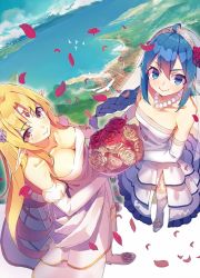 Rule 34 | 2girls, ahoge, armpit crease, bare shoulders, blonde hair, blue eyes, blue hair, blush, bouquet, braid, braided ponytail, breasts, bridal veil, brown eyes, character request, circlet, cleavage, closed mouth, collarbone, dress, earrings, elbow gloves, elf, endenburg no hanayome, eyeliner, fins, flower, frilled dress, frills, from above, garter straps, gloves, hair between eyes, hair flower, hair ornament, head fins, high heels, holding, holding bouquet, jewelry, large breasts, layered dress, long hair, looking at viewer, looking up, makeup, monster ears, multiple girls, necklace, novel illustration, official art, petals, pointy ears, red flower, red rose, rose, rose petals, side slit, sidelocks, small breasts, smile, standing, strapless, strapless dress, thighhighs, veil, very long hair, wedding dress, white dress, white flower, white rose, yasumo (kuusouorbital)