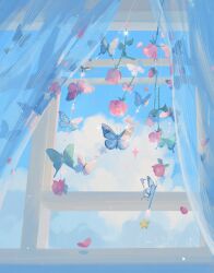 Rule 34 | absurdres, animal focus, aqua butterfly, artist name, blue butterfly, blue sky, bud, bug, butterfly, chinese commentary, cloud, commentary request, curtains, day, flower, highres, indoors, insect, ningmeng manyou, no humans, original, petals, pink flower, pink rose, procreate (medium), rose, rose petals, sky, star (symbol), white butterfly, wind chime, window