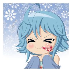 Rule 34 | &gt; &lt;, 10s, 1girl, ahoge, blue hair, blue wings, candy, candy cane, chibi, christmas, eating, closed eyes, feathered wings, harpy, highres, monster girl, monster musume no iru nichijou, papi (monster musume), portrait, smile, solo, staticwave, white border, wings