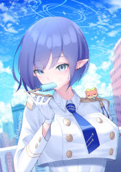 Rule 34 | 1girl, absurdres, aoi (blue archive), blue archive, blue eyes, blue hair, blue necktie, blue sky, blush, chee ke, city, cityscape, cloud, collared shirt, commentary request, crop top, earrings, epaulettes, food, food in mouth, gloves, halo, highres, jewelry, long sleeves, looking at viewer, mole, mole under eye, necktie, pointy ears, popsicle, popsicle in mouth, shirt, short hair, sky, solo, stud earrings, sweat, twitter username, upper body, white gloves, white shirt