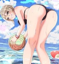 Rule 34 | 1girl, ass, ball, beach, beachball, bent over, bikini, black bikini, blue sky, blush, breasts, cloud, cloudy sky, commentary request, cowboy shot, day, earrings, fang, from behind, grey eyes, grey hair, grin, haruki (haruki678), holding, holding ball, idolmaster, idolmaster cinderella girls, jewelry, kneepits, large breasts, lens flare, light particles, light rays, looking at viewer, o-ring, o-ring top, ocean, shiomi syuko, short hair, sidelocks, sky, smile, soaking feet, solo, swimsuit, ueki-chan, wading, water, wet, wristband