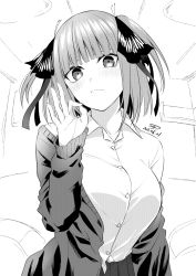 Rule 34 | 1girl, blouse, blush, breasts, buttons, coat, coat partially removed, collarbone, go-toubun no hanayome, greyscale, hair ornament, hair ribbon, hand up, highres, kckcdkkn, large breasts, looking at viewer, monochrome, nakano nino, ribbon, school uniform, shirt, skirt, solo