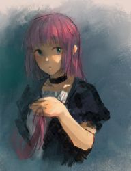 Rule 34 | 1girl, black choker, black shirt, blue background, blue eyes, choker, long hair, looking at viewer, noccu, open clothes, open shirt, original, parted lips, red hair, shirt, short sleeves, sketch, solo, swimsuit, upper body, very long hair