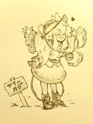 Rule 34 | 1girl, :d, blouse, blush, boots, bow, buttons, closed eyes, diamond button, free hugs, frilled shirt collar, frilled sleeves, frills, full body, grass, hair between eyes, hat, hat bow, heart, heart of string, komeiji koishi, long hair, long sleeves, menotama, monochrome, motion lines, open mouth, outstretched arms, sepia, shirt, sign, skirt, sleeves past wrists, smile, solo, third eye, touhou, translated, waving, wide sleeves