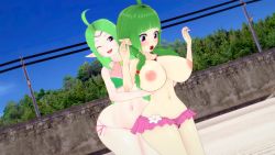 Rule 34 | 3d, areola slip, assisted exposure, beach, bikini, breasts, fire emblem, fire emblem awakening, green hair, highres, huge breasts, large breasts, mother and daughter, nah (fire emblem), nintendo, nipple slip, nipples, nowi (fire emblem), oppai loli, outdoors, pointy ears, public indecency, public nudity, shortstack, swimsuit, tagme, thick thighs, thighs, undressing, undressing another, wide hips