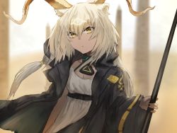 1girl, animal ears, arknights, bangs, beeswax (arknights), black coat, blonde hair, blurry, blurry background, closed mouth, coat, collar, dark skin, dark skinned female, day, depth of field, dress, expressionless, eyebrows visible through hair, female focus, goat ears, goat girl, goat horns, highres, holding, holding staff, horns, long hair, long sleeves, looking at viewer, low twintails, obelisk, open clothes, open coat, outdoors, raw egg lent, silver hair, solo, staff, twintails, upper body, white dress, wide sleeves