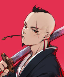 Rule 34 | 1boy, beard, black hair, black kimono, closed mouth, copyright request, earrings, facial hair, highres, holding, holding sword, holding weapon, japanese clothes, jewelry, katana, kimono, looking at viewer, male focus, maya g, mouth hold, over shoulder, red background, red eyes, scar, scar across eye, scar on face, simple background, solo, stalk in mouth, sword, sword over shoulder, thick eyebrows, upper body, weapon, weapon over shoulder