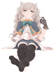 Rule 34 | 1girl, absurdres, animal ear fluff, animal ears, black thighhighs, blouse, blush, braid, cat ears, character request, commentary request, commission, copyright request, crossed ankles, feet, foot focus, greek toe, green eyes, highres, kahlua (artist), looking at viewer, no shoes, shirt, silver hair, simple background, skeb commission, skirt, smug, soles, solo, sweatdrop, thighhighs, thighs, toes, twin braids, white background, white shirt