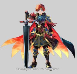 1boy armor blue_eyes copyright_notice fire_emblem fire_emblem:_the_binding_blade fire_emblem_heroes full_body grey_background hiiragi_akio holding holding_sword holding_weapon male_focus nintendo official_art red_hair roy_(fire_emblem) short_hair simple_background solo sword weapon