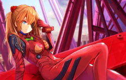Rule 34 | 1girl, arm support, artist request, blue eyes, bodysuit, bracer, breasts, evangelion: 3.0 you can (not) redo, hairpods, highres, interface headset, long hair, looking at viewer, neon genesis evangelion, orange hair, pilot suit, plugsuit, rebuild of evangelion, red bodysuit, shiny clothes, shiny skin, sitting, sky, solo, souryuu asuka langley, two side up, very long hair, wide hips