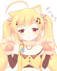 Rule 34 | 1girl, ahoge, animal ear fluff, animal ears, animal hands, azur lane, bare shoulders, beamed eighth notes, black sleeves, blonde hair, blush, brown gloves, cat ears, collarbone, commentary request, crop top, detached sleeves, eighth note, eldridge (azur lane), eldridge (kitty idol) (azur lane), fortissimo, fur collar, gloves, hair ornament, hands up, highres, kemonomimi mode, long hair, long sleeves, looking at viewer, musical note, musical note hair ornament, open clothes, open vest, parted lips, paw gloves, red eyes, sakurato ototo shizuku, simple background, solo, striped sleeves, translation request, twintails, upper body, very long hair, vest, white background, yellow vest