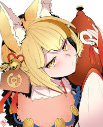 Rule 34 | 1girl, animal ear fluff, animal ears, bell, blonde hair, closed mouth, commentary request, fire emblem, fire emblem heroes, fox ears, fox girl, hair bell, hair ornament, highres, holding gourd, japanese clothes, kimono, long sleeves, looking at viewer, nakabayashi zun, nintendo, official alternate costume, pursed lips, selkie (fire emblem), selkie (new year) (fire emblem), short hair, simple background, sleeves past wrists, solo, upper body, white background, yellow eyes