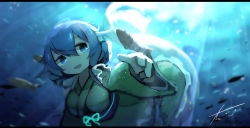Rule 34 | 1girl, :d, absurdres, blue eyes, blue hair, chii (tsumami tsumamare), fins, fish, green kimono, hair between eyes, head fins, highres, japanese clothes, kimono, letterboxed, long sleeves, mermaid, monster girl, open mouth, sash, short hair, signature, smile, solo, touhou, underwater, wakasagihime, wide sleeves