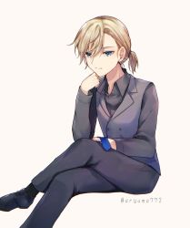 Rule 34 | 1boy, aqua eyes, aryuma772, black footwear, black shirt, blonde hair, blue necktie, formal, hair over one eye, hand on own chin, head rest, highres, kagamine len, looking at viewer, necktie, unworn necktie, open clothes, open collar, open shirt, partially unbuttoned, ponytail, serious, shirt, shoes, sitting, sleeveless, sleeveless jacket, solo, suit, twitter username, vocaloid, white background, white suit