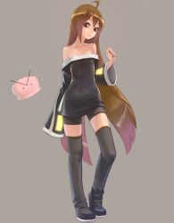 Rule 34 | 1girl, ahoge, bare shoulders, boots, brown eyes, brown hair, detached sleeves, legs, long hair, original, simple background, solo, thigh boots, thighhighs, very long hair, weno