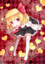 Rule 34 | 1girl, argyle, argyle background, argyle clothes, bad id, bad pixiv id, bent over, blonde hair, bow, chestnut mouth, dress, embodiment of scarlet devil, fang, female focus, hair bow, heart, leaning forward, necktie, nunucco, red eyes, red necktie, rumia, short hair, slit pupils, solo, thighhighs, touhou, white thighhighs