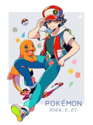 Rule 34 | 1boy, backpack, bag, belt, belt buckle, black belt, border, buckle, charmander, closed mouth, commentary request, copyright name, creatures (company), dated, game freak, gen 1 pokemon, green pants, grey background, hand on headwear, hat, highres, jacket, male focus, mizuki tsukimori, nintendo, open clothes, open jacket, pants, poke ball, poke ball (basic), pokemon, pokemon (creature), pokemon rgby, red (pokemon), red headwear, shirt, shoes, smile, white border
