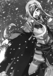 Rule 34 | 1girl, alice zuberg, armor, armored dress, breastplate, bunbun, cape, dress, eyepatch, floating hair, greyscale, hairband, highres, holding, holding sword, holding weapon, long dress, long hair, monochrome, novel illustration, official art, open mouth, pauldrons, ponytail, shoulder armor, sidelocks, solo, standing, sword, sword art online, very long hair, weapon
