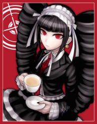 Rule 34 | 1girl, black hair, black jacket, black nails, black skirt, blunt bangs, bonnet, border, celestia ludenberg, claw ring, closed mouth, collared shirt, cowboy shot, cup, danganronpa: trigger happy havoc, danganronpa (series), drill hair, drink, earrings, gothic lolita, hairband, highres, holding, holding cup, jacket, jewelry, komatsuzaki rui (style), layered skirt, lolita fashion, long hair, long sleeves, looking at viewer, nail polish, necktie, official style, pale skin, red background, red border, red eyes, red necktie, ribbon, shirt, skirt, smile, solo, tea, teacup, torimeshi (shiroichi), twin drills, twintails, white shirt