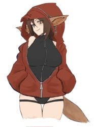 Rule 34 | 1girl, alternate costume, animal ears, arknights, bare shoulders, black one-piece swimsuit, blush, breasts, bright pupils, brown eyes, brown hair, casual one-piece swimsuit, closed mouth, commentary, cosplay, cowboy shot, cropped legs, dokonjou (odossan), ears through headwear, english commentary, fox ears, fox girl, fox tail, hands in pockets, hood, hood up, hooded jacket, jacket, large breasts, long sleeves, looking at viewer, one-piece swimsuit, partially unzipped, perfumer (arknights), projekt red (arknights), projekt red (arknights) (cosplay), projekt red (light breeze) (arknights), projekt red (light breeze) (arknights) (cosplay), red jacket, short hair, simple background, smile, solo, swimsuit, swimsuit under clothes, tail, thigh gap, thigh strap, unzipped, white background, zipper, zipper pull tab