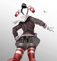 Rule 34 | 1girl, amatsukaze (kancolle), black panties, brown dress, commentary request, dated, dress, from behind, garter straps, gloves, gradient background, grey background, hair tubes, invisible, kantai collection, one-hour drawing challenge, panties, red thighhighs, sailor dress, short dress, side-tie panties, signature, single glove, smokestack hair ornament, solo, standing, striped clothes, striped thighhighs, thighhighs, tk8d32, underwear, white background, white gloves