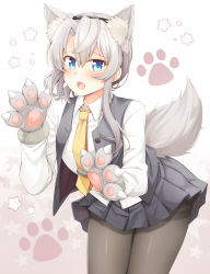 Rule 34 | 1girl, animal ears, animal hands, asymmetrical hair, black pantyhose, blue eyes, blush, buttons, collared shirt, commentary, cowboy shot, fang, grey skirt, grey vest, hair between eyes, kantai collection, long hair, long sleeves, necktie, nowaki (kancolle), open mouth, pantyhose, paw print, pleated skirt, rui shi (rayze ray), shirt, silver hair, skirt, solo, star (symbol), tail, vest, white shirt, wolf ears, wolf paws, wolf tail, yellow necktie