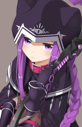 Rule 34 | 1girl, animal collar, braid, cape, chain, collar, commentary request, cosplay, elbow gloves, expressionless, fate/grand order, fate (series), gloves, helmet, highres, holding, holding weapon, long hair, looking at viewer, medusa (fate), medusa (lancer) (fate), medusa (rider) (fate), purple background, purple eyes, purple hair, rider, sidelocks, solo, takamiya nao, weapon