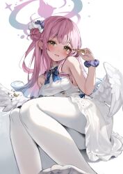 Rule 34 | 1girl, angel wings, black scrunchie, blue archive, commentary, cookie, dress, feathered wings, flower, food, foot out of frame, frilled dress, frilled ribbon, frills, hair bun, hair flower, hair ornament, halo, high-waist skirt, highres, holding, holding food, legs, long hair, low wings, lying, medium dress, mika (blue archive), no shoes, overskirt, pantyhose, pink hair, ribbon, scrunchie, shaffelli, single side bun, skirt, sleeveless, sleeveless dress, smile, toes, very long hair, white background, white dress, white pantyhose, white skirt, white wings, wing ornament, wings, wrist scrunchie, yellow eyes